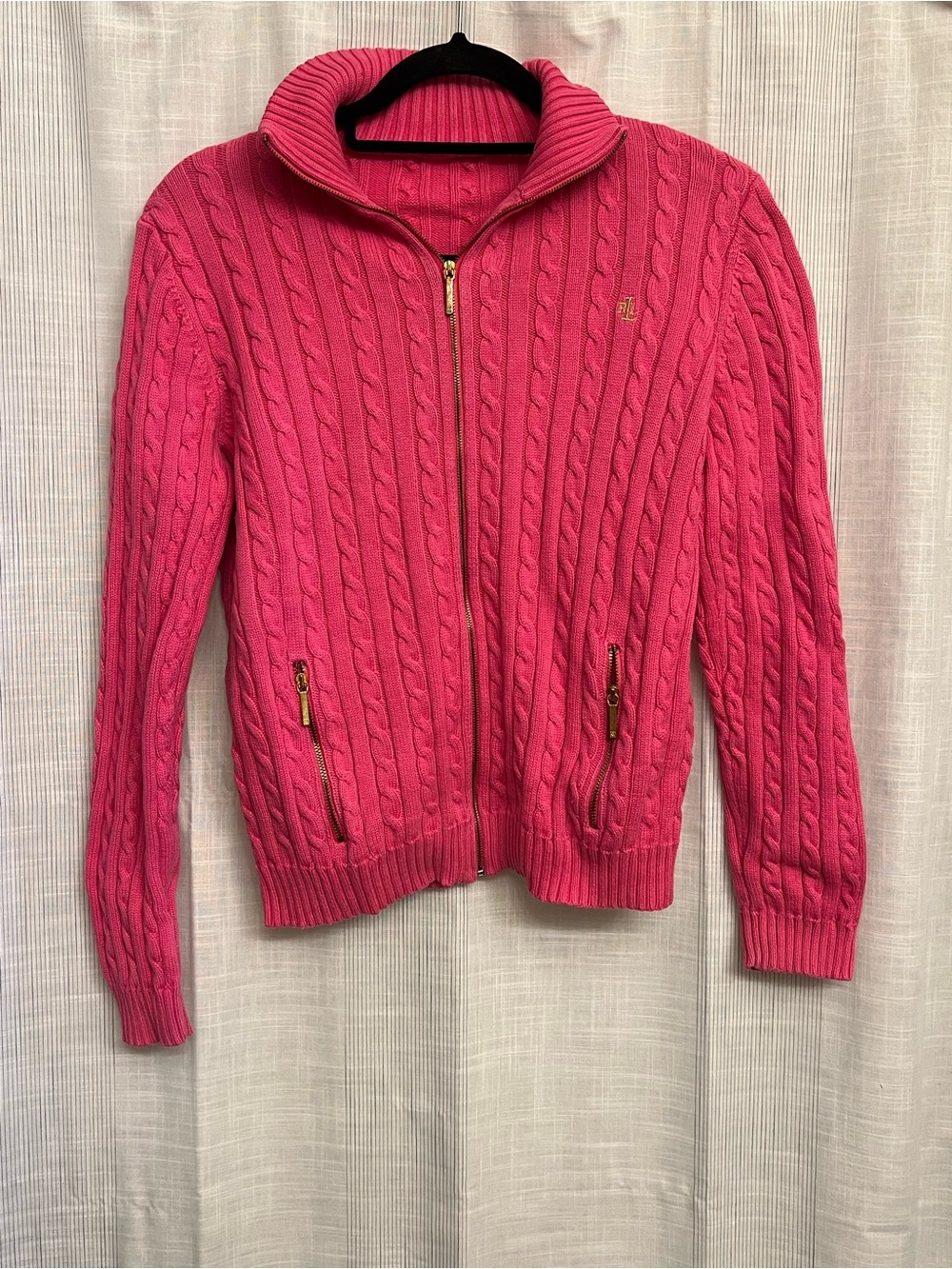 Rare Ralph Lauren pink cable knit zip up sweater with gold detailing